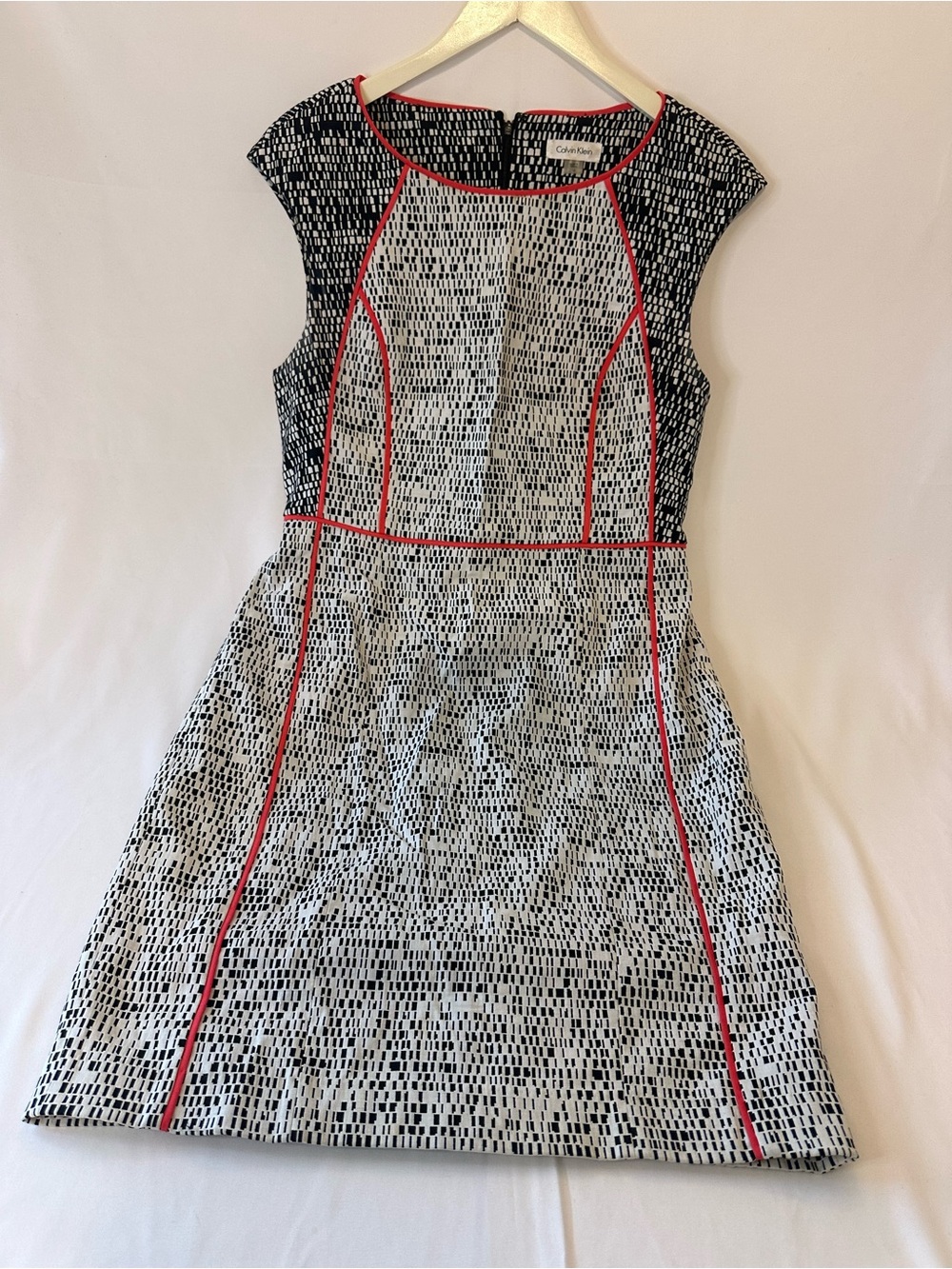 Calvin Klein Black and White Patterned Midi Dress with Red Piping